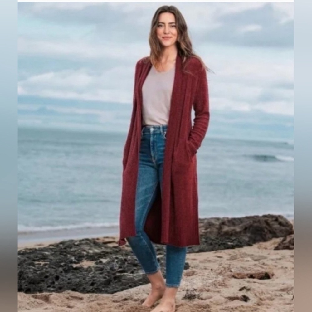 Barefoot Dreams CozyChic Lite Catalina Long Cardigan Burgundy Garnet Red